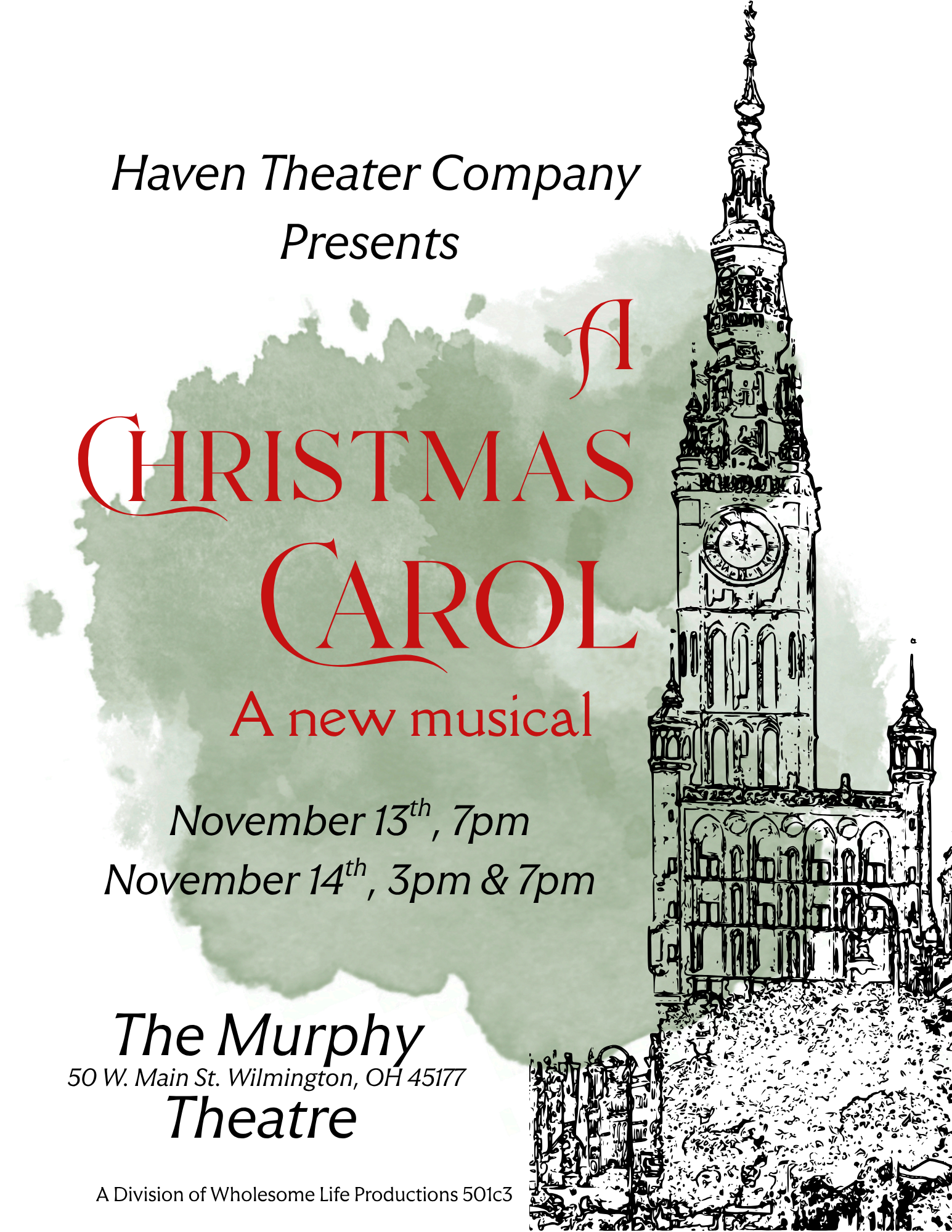 A Christmas Carol musical flyer with November 13 and 14 performance times